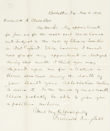 (SLAVERY AND ABOLITION.) DOUGLASS, FREDERICK. Two Autograph Letters Signed in a collection of 13 Autograph Letters Signed, the replies